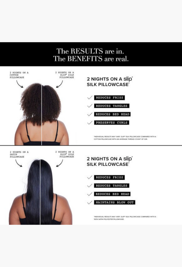 GLAM MODA comparison chart showing hair benefits of Slip silk pillowcase versus cotton and satin pillowcases