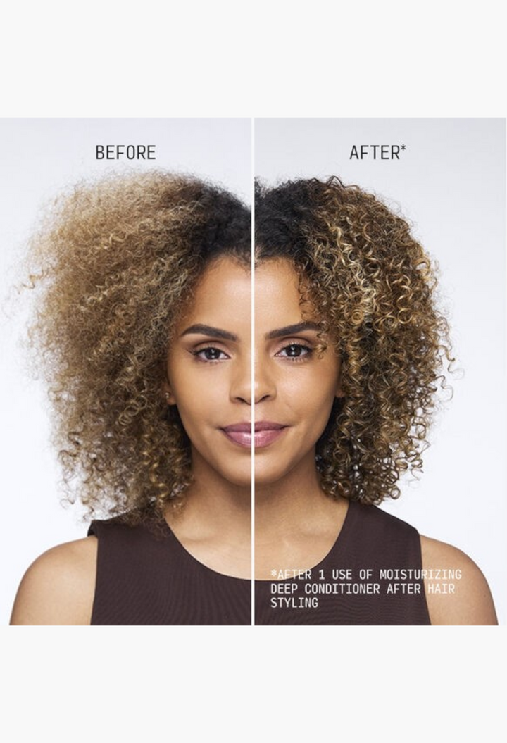 GLAM MODA Moisturizing Deep Conditioner before and after results on a woman with curly hair showing improved hydration