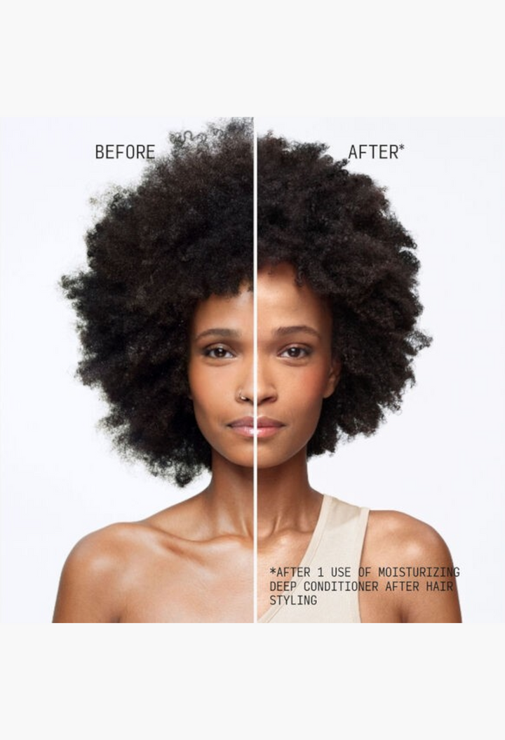 GLAM MODA Moisturizing Deep Conditioner before and after results on a woman with curly, coily hair