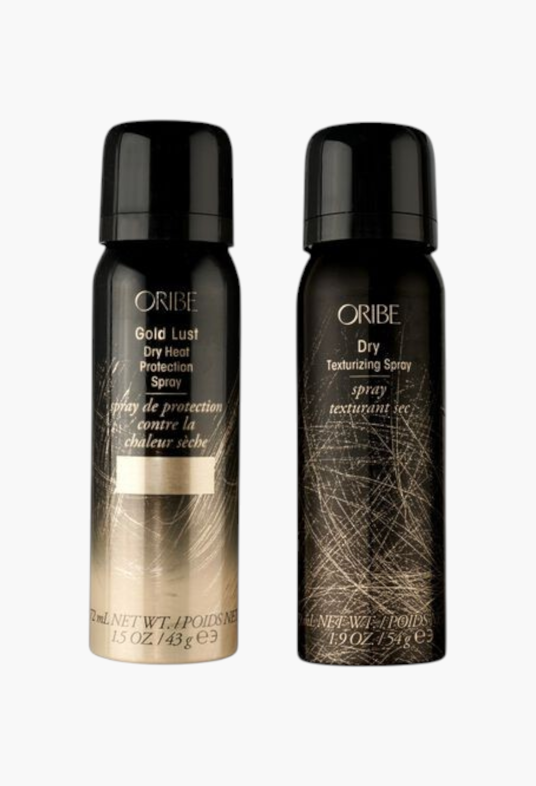 GLAM MODA Oribe Protect and Texturize Travel Duo featuring Gold Lust heat protection and Dry Texturizing hair sprays.