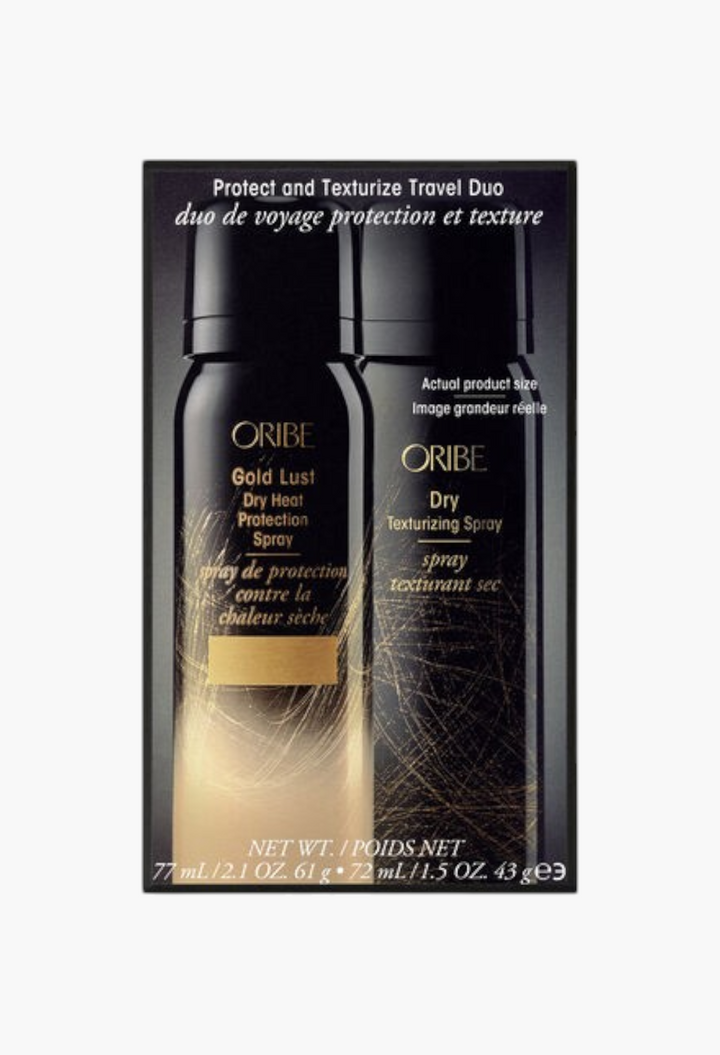 GLAM MODA Oribe Protect and Texturize Travel Duo featuring Gold Lust Heat Protection and Dry Texturizing hair sprays.