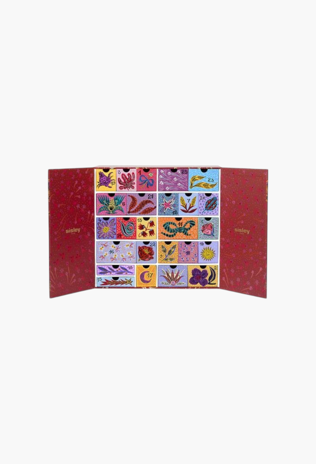 GLAM MODA Sisley 2026 advent calendar with colourful floral illustrations and numbered drawers for beauty products.