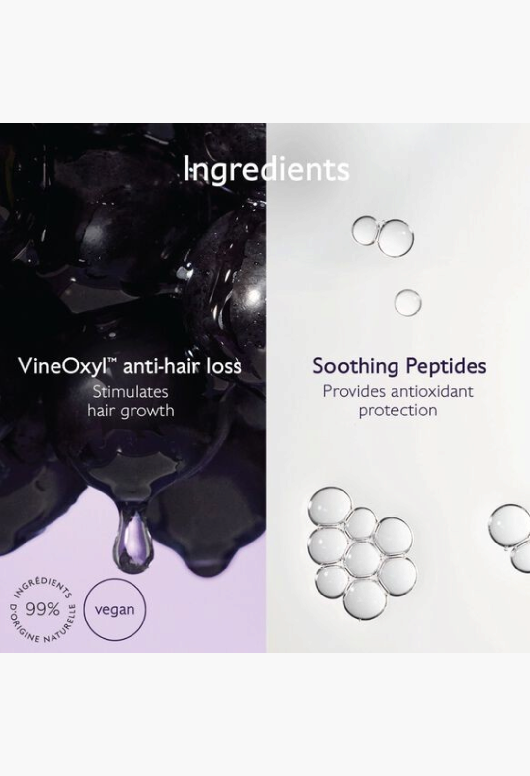 GLAM MODA anti-hair loss serum ingredients graphic showing VineOxyl grape extract and soothing peptides for hair growth