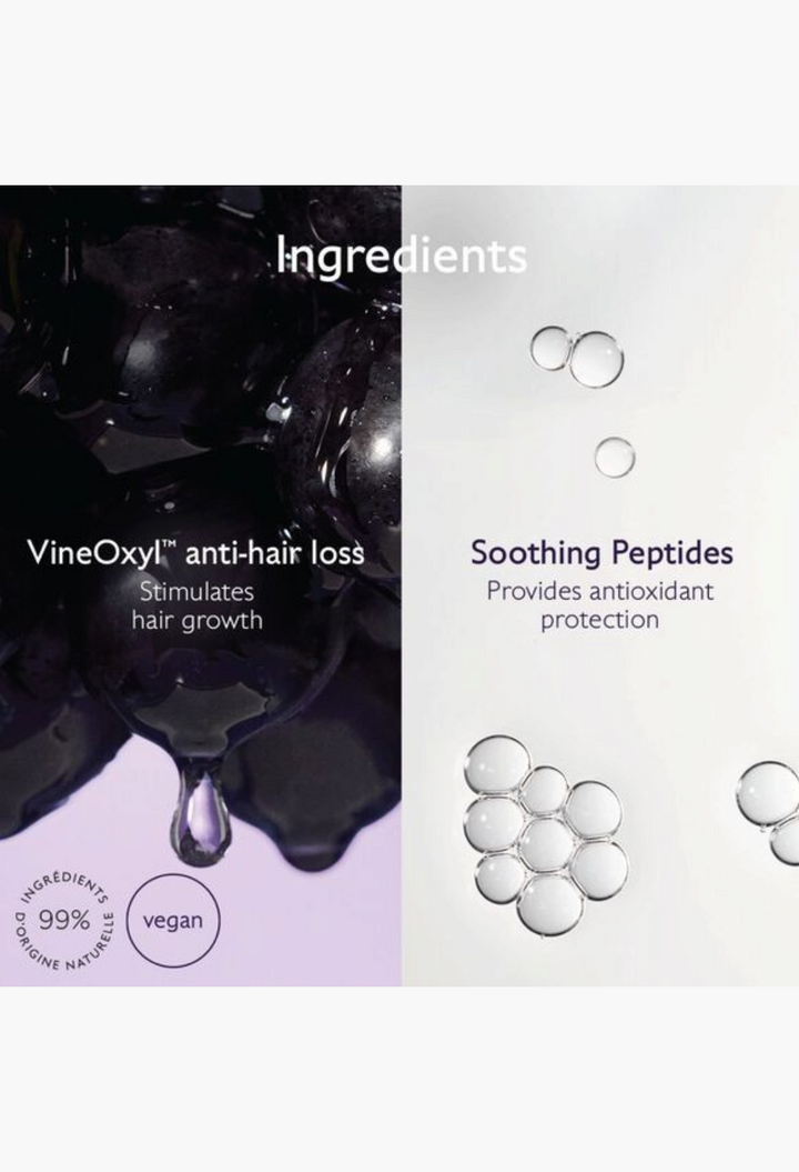 GLAM MODA anti-hair loss serum ingredients graphic showing VineOxyl grape extract and soothing peptides for hair growth