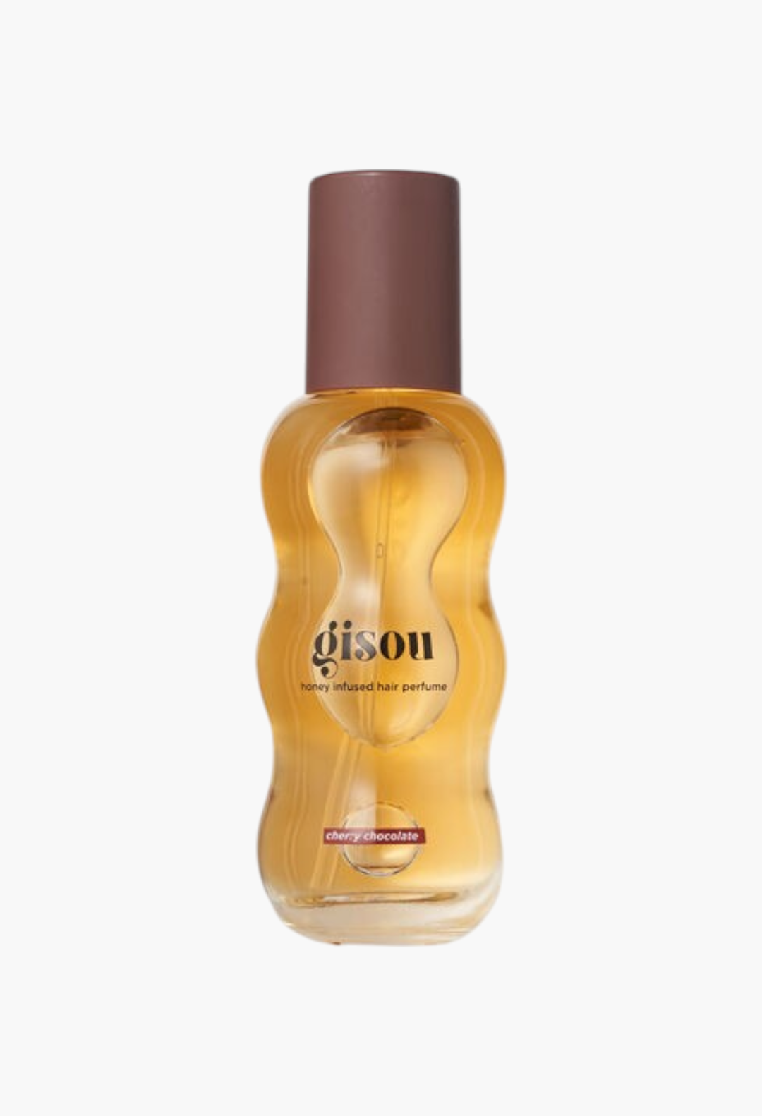 GLAM MODA Gisou Cherry Chocolate hair perfume in a signature honey-infused glass bottle with a brown cap.