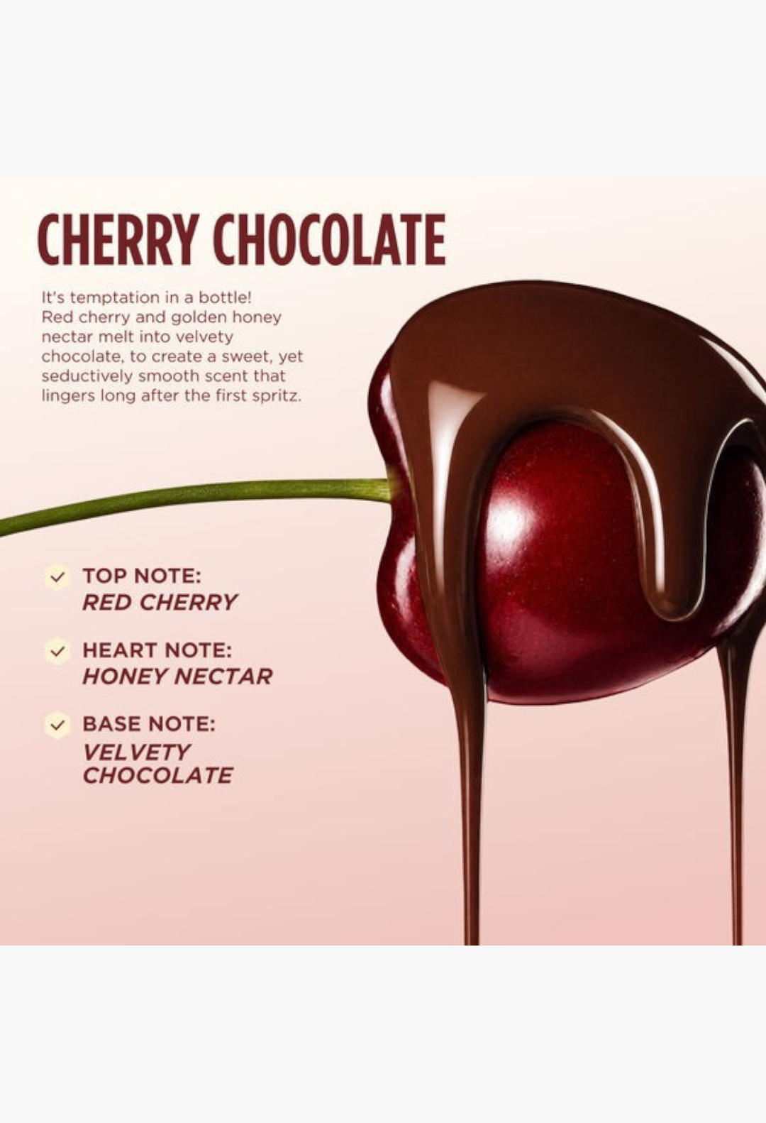 GLAM MODA Hair Perfume Cherry Chocolate featuring a glossy red cherry drizzled with rich melted dark chocolate