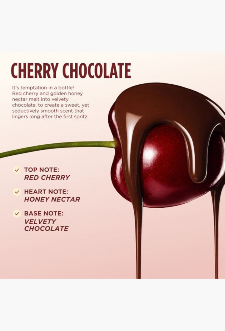 GLAM MODA Hair Perfume Cherry Chocolate featuring a glossy red cherry drizzled with rich melted dark chocolate