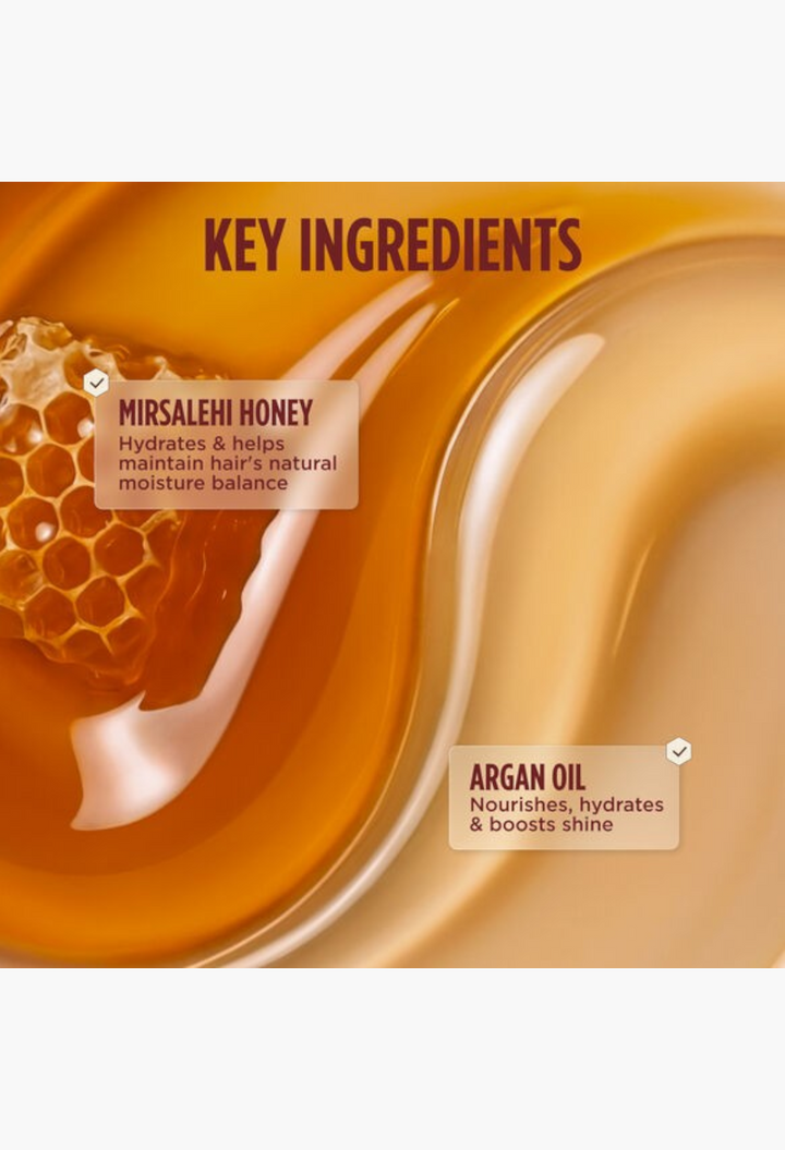 GLAM MODA hair perfume ingredients featuring golden honey and argan oil textures for hydration and shine