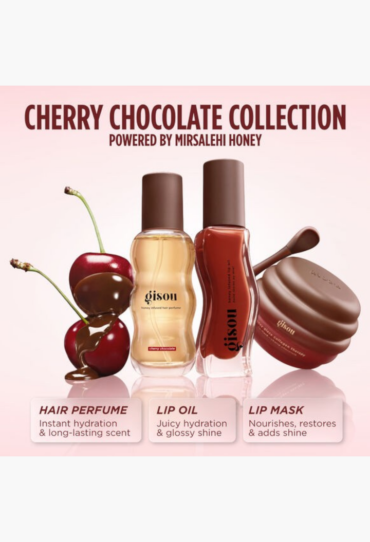 GLAM MODA Gisou hair perfume, lip oil, and lip mask set with cherry and chocolate accents for hydration and shine