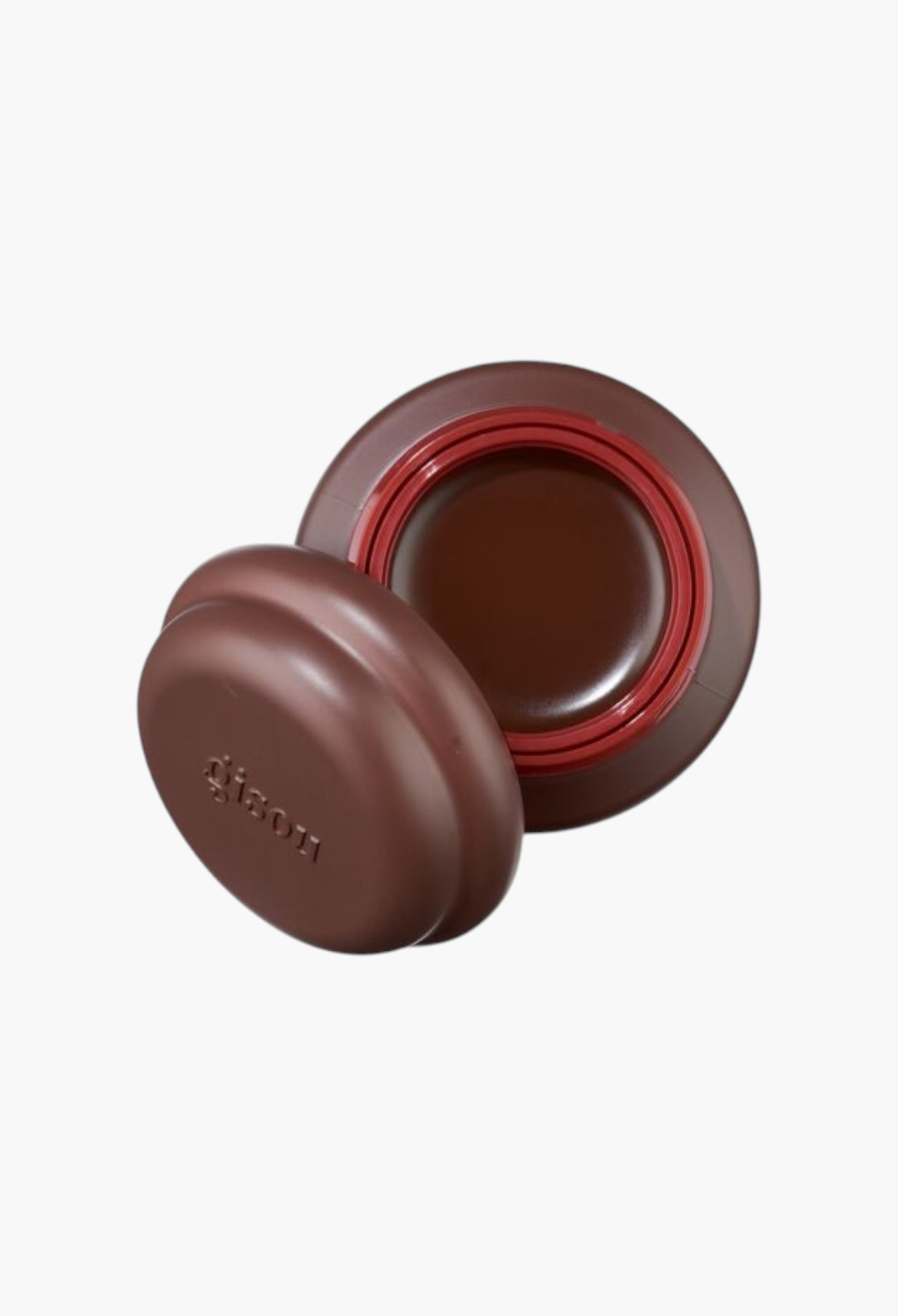 GLAM MODA Gisou Cherry Chocolate lip mask in a round brown jar with a glossy dark brown treatment inside.