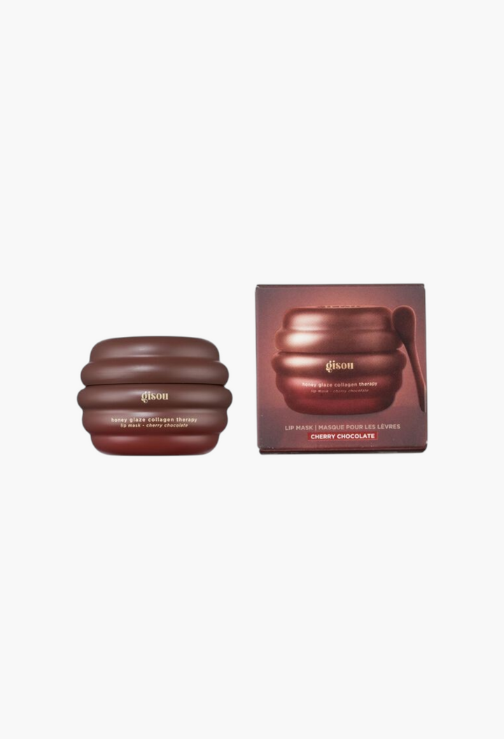 GLAM MODA Gisou Cherry Chocolate lip mask jar and packaging box with honey-inspired design