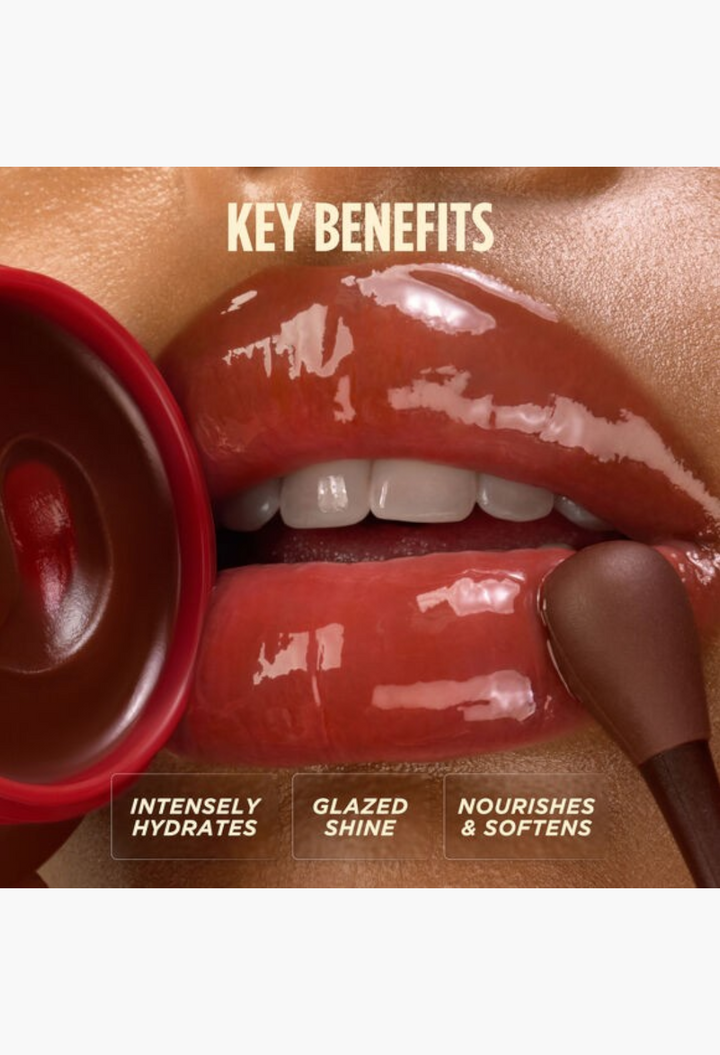 GLAM MODA Gisou Cherry Chocolate lip mask with a high-shine glazed finish and nourishing honey-infused formula.