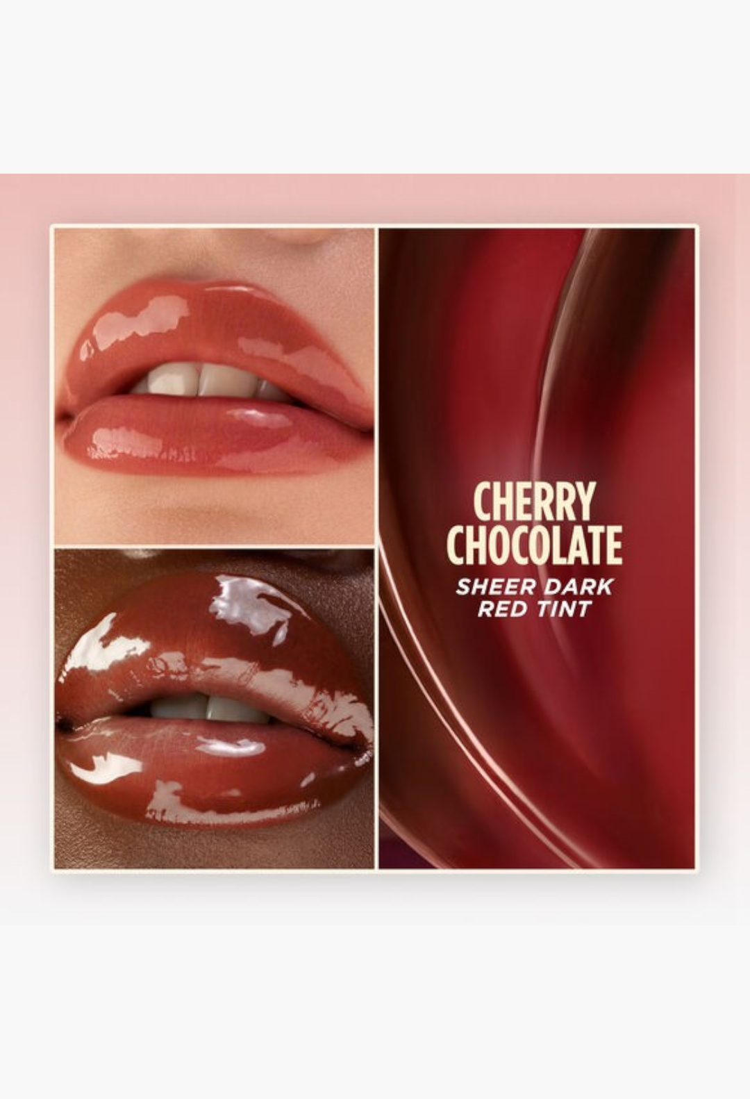 GLAM MODA Lip Mask in Cherry Chocolate, a nourishing treatment with a glossy, sheer dark red tint on lips.