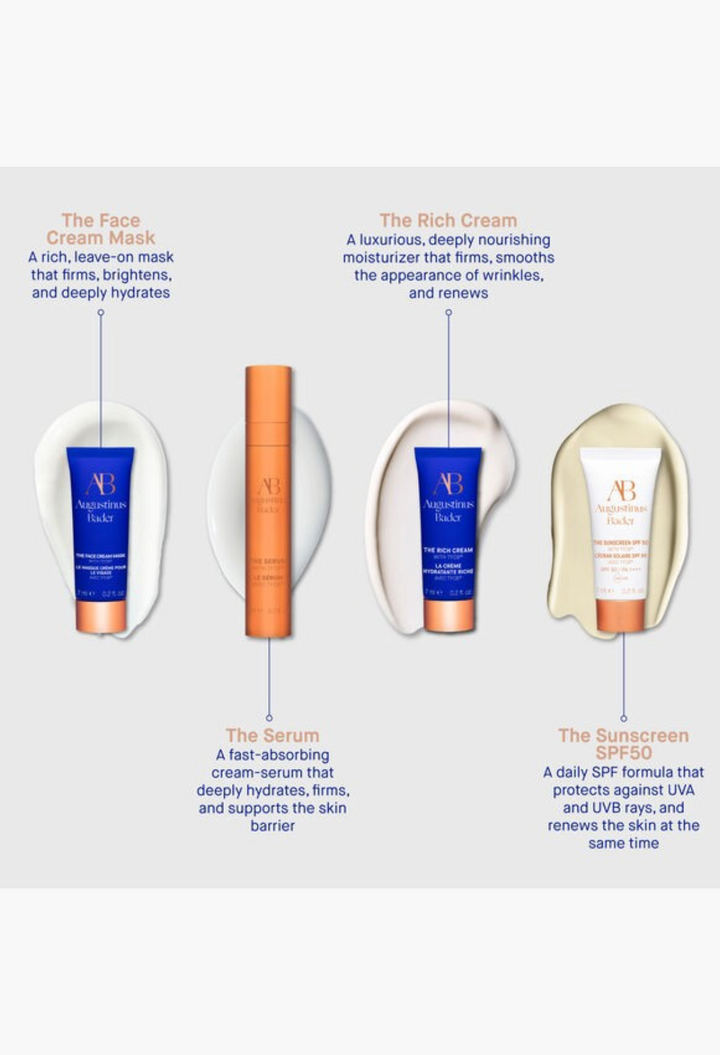 GLAM MODA Augustinus Bader The Rejuvenating System skincare set featuring four travel-sized creams and serums.