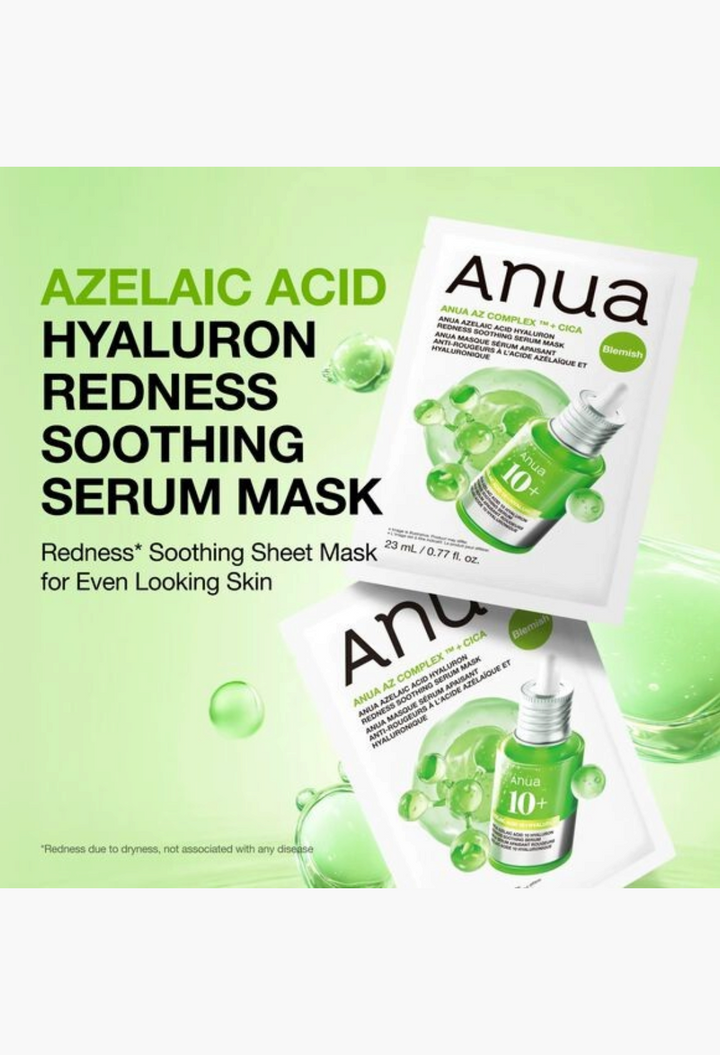 GLAM MODA Anua Azelaic Acid Hyaluron soothing serum sheet mask packets with green serum droplet graphics
