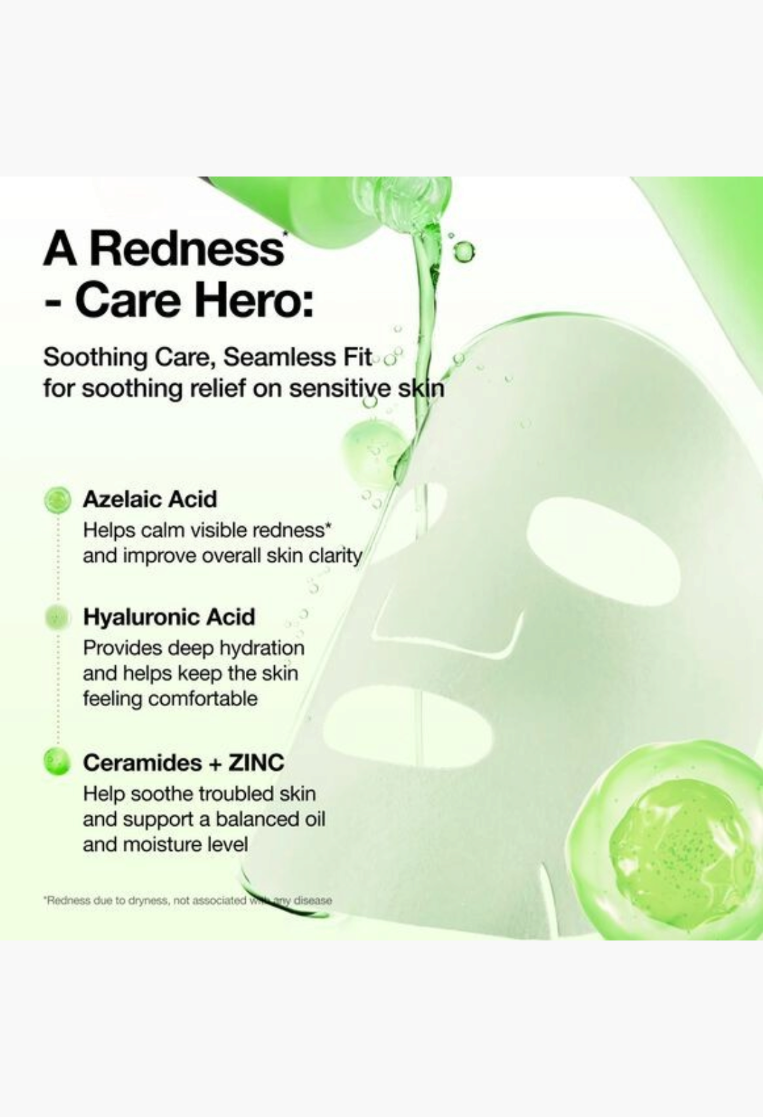 GLAM MODA Anua Azelaic Acid Hyaluron sheet mask infographic showing soothing serum ingredients for sensitive skin