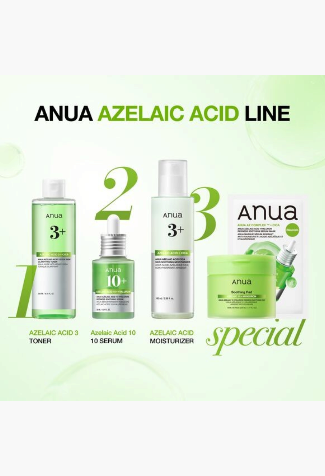 GLAM MODA Anua Azelaic Acid skincare collection featuring toner, serum, moisturizer, and soothing serum mask.