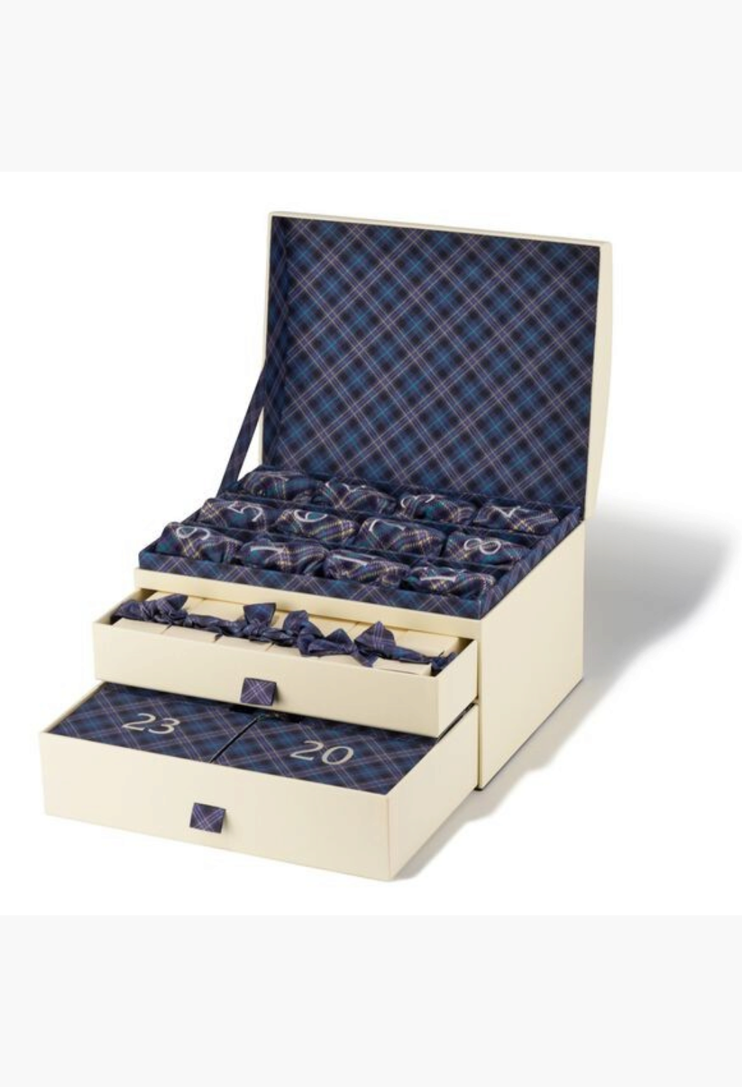GLAM MODA luxury fragrance advent calendar trunk with cream exterior and blue tartan interior featuring 25 drawers.
