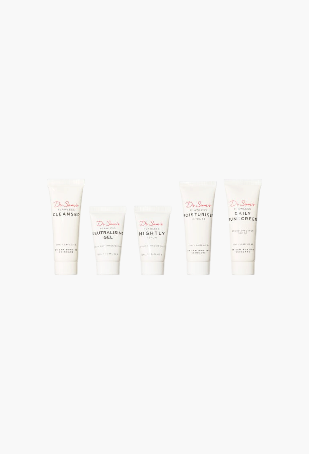 GLAM MODA Dr Sam's Clarity Kit featuring five white skincare tubes for a complete blemish-prone skin routine.