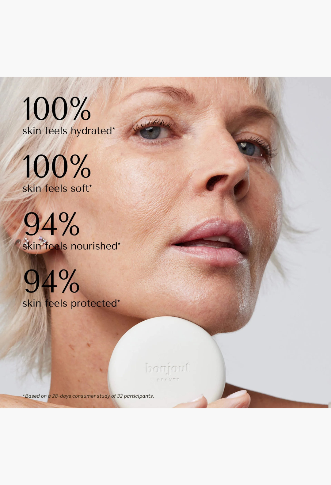 GLAM MODA Le Balm solid serum held by a woman with glowing skin, showcasing clinical hydration and repair results.