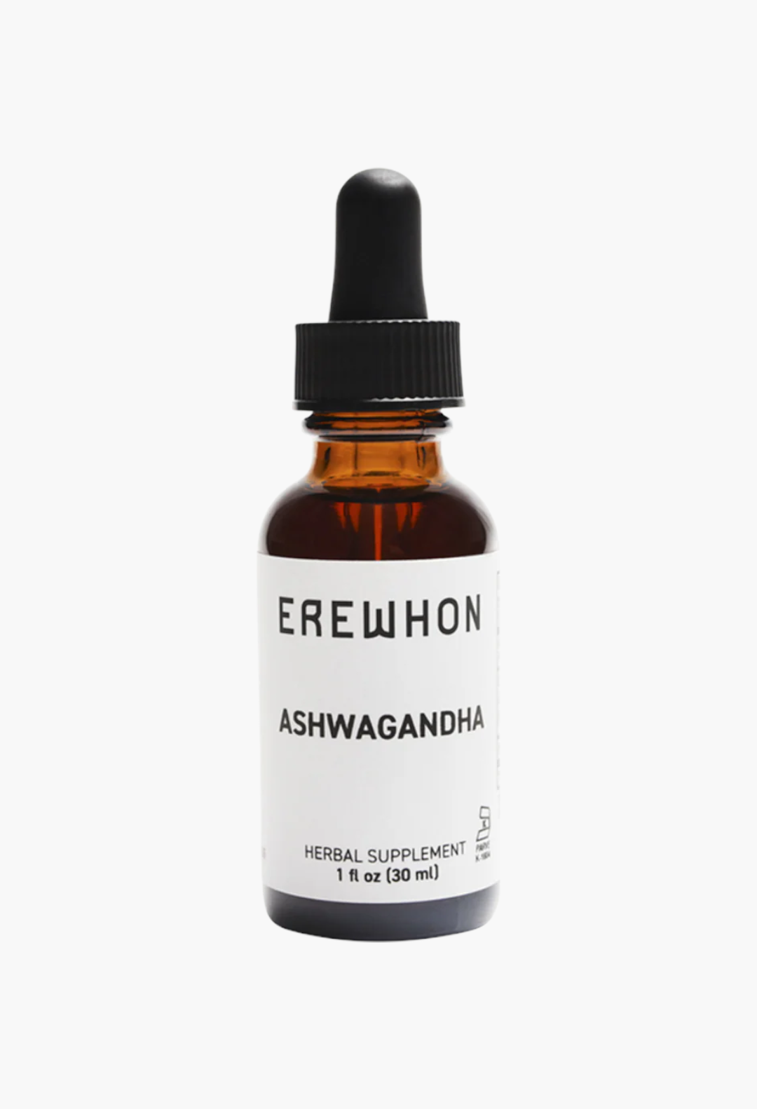 GLAM MODA Erewhon Ashwagandha liquid root extract in a 30ml amber glass dropper bottle for wellness support.
