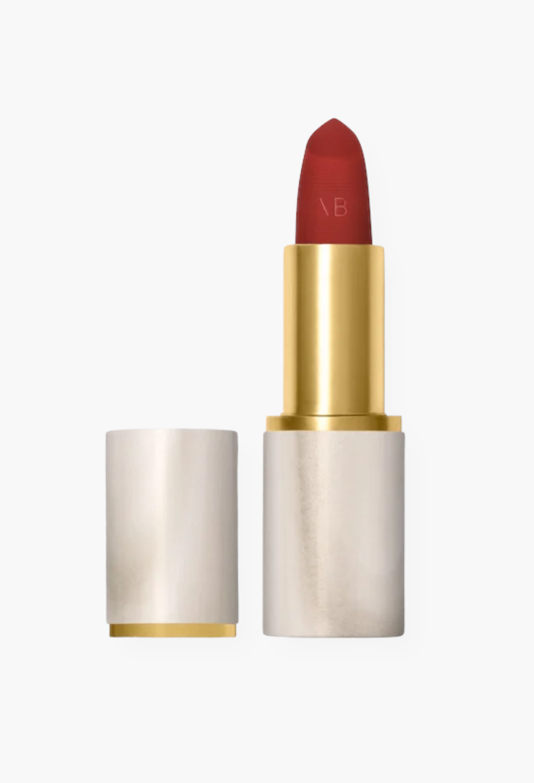 GLAM MODA Rouge Victoria matte red lipstick in a unique polished alabaster case with gold accents.