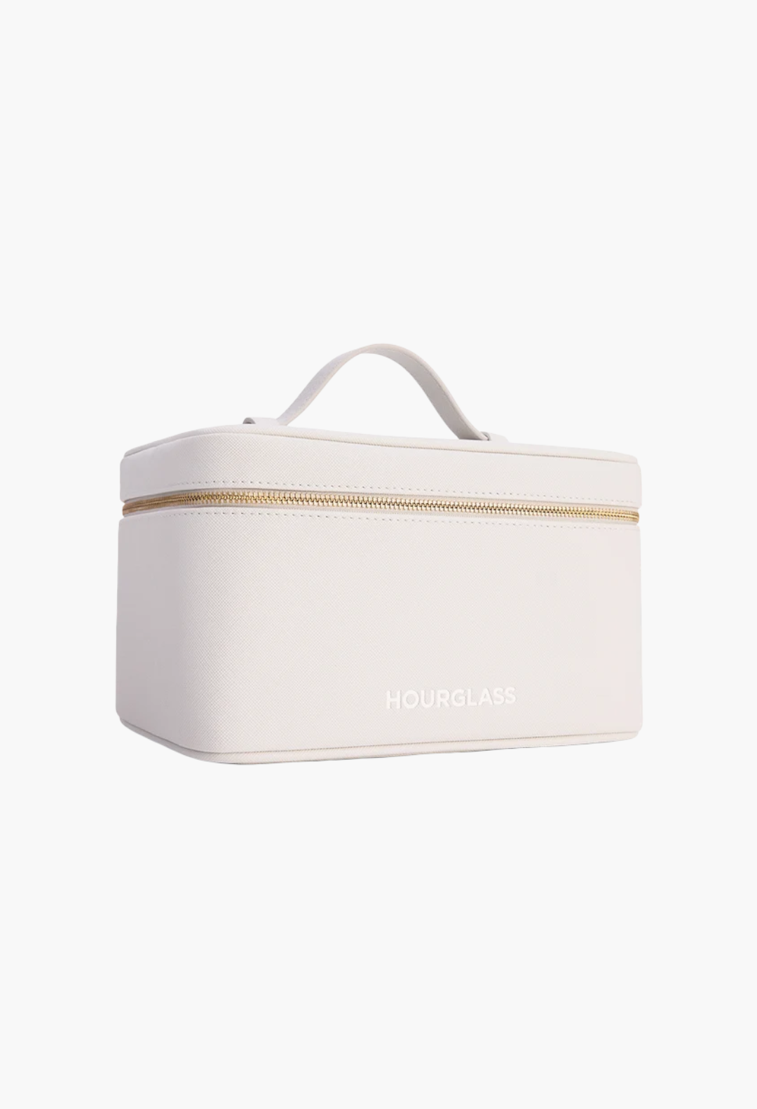GLAM MODA white vegan Saffiano leather makeup bag with a structured silhouette, top handle, and gold zip closure.