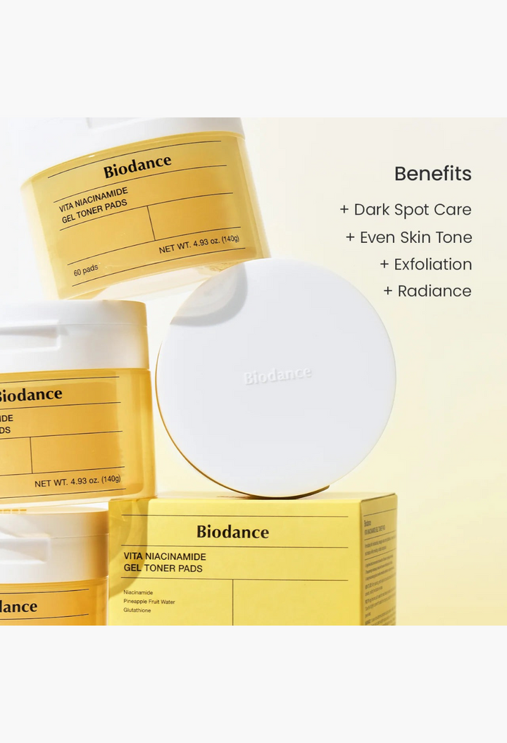 GLAM MODA Biodance Vita Niacinamide Gel Toner Pads in yellow packaging with benefits list for skin brightening