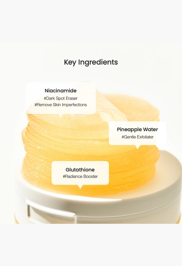 GLAM MODA Vita Niacinamide Gel Toner Pads stack with ingredient callouts for niacinamide, pineapple, and glutathione.