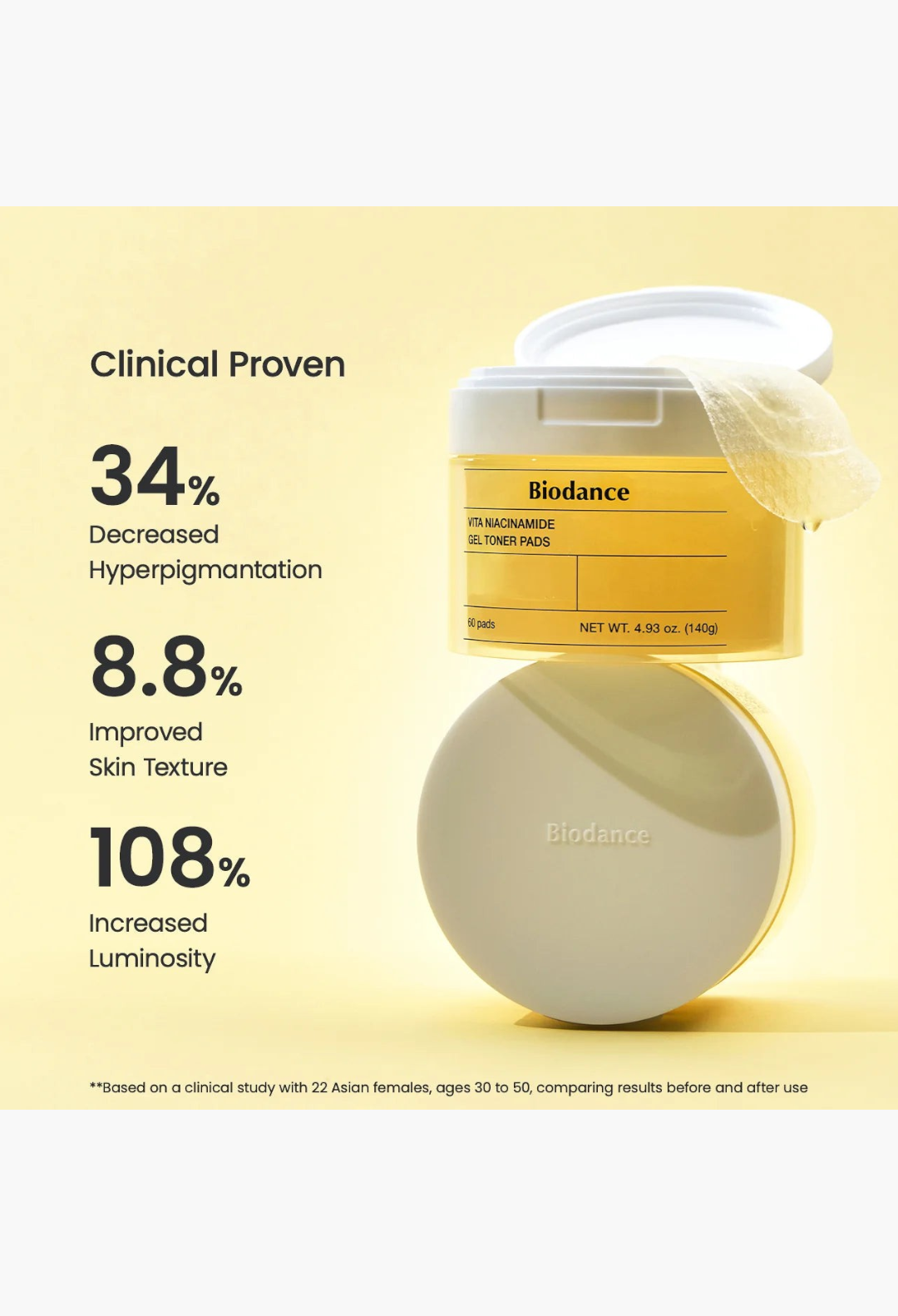GLAM MODA Biodance Vita Niacinamide Gel Toner Pads in a yellow jar with one translucent pad resting on the lid.