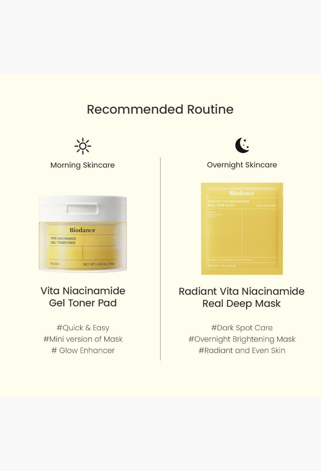 GLAM MODA Biodance Vita Niacinamide Gel Toner Pad jar and Radiant Vita Niacinamide Real Deep Mask skincare routine set