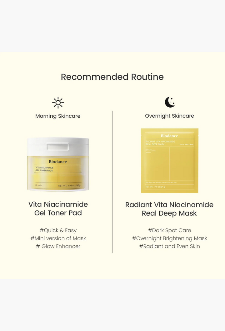 GLAM MODA Biodance Vita Niacinamide Gel Toner Pad jar and Radiant Vita Niacinamide Real Deep Mask skincare routine set