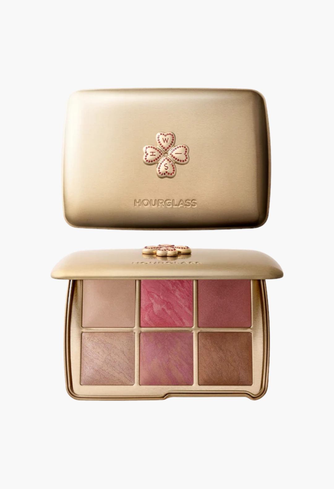 GLAM MODA Hourglass Ambient Lighting Edit Unlocked palette in a gold tin case with a decorative clover charm.