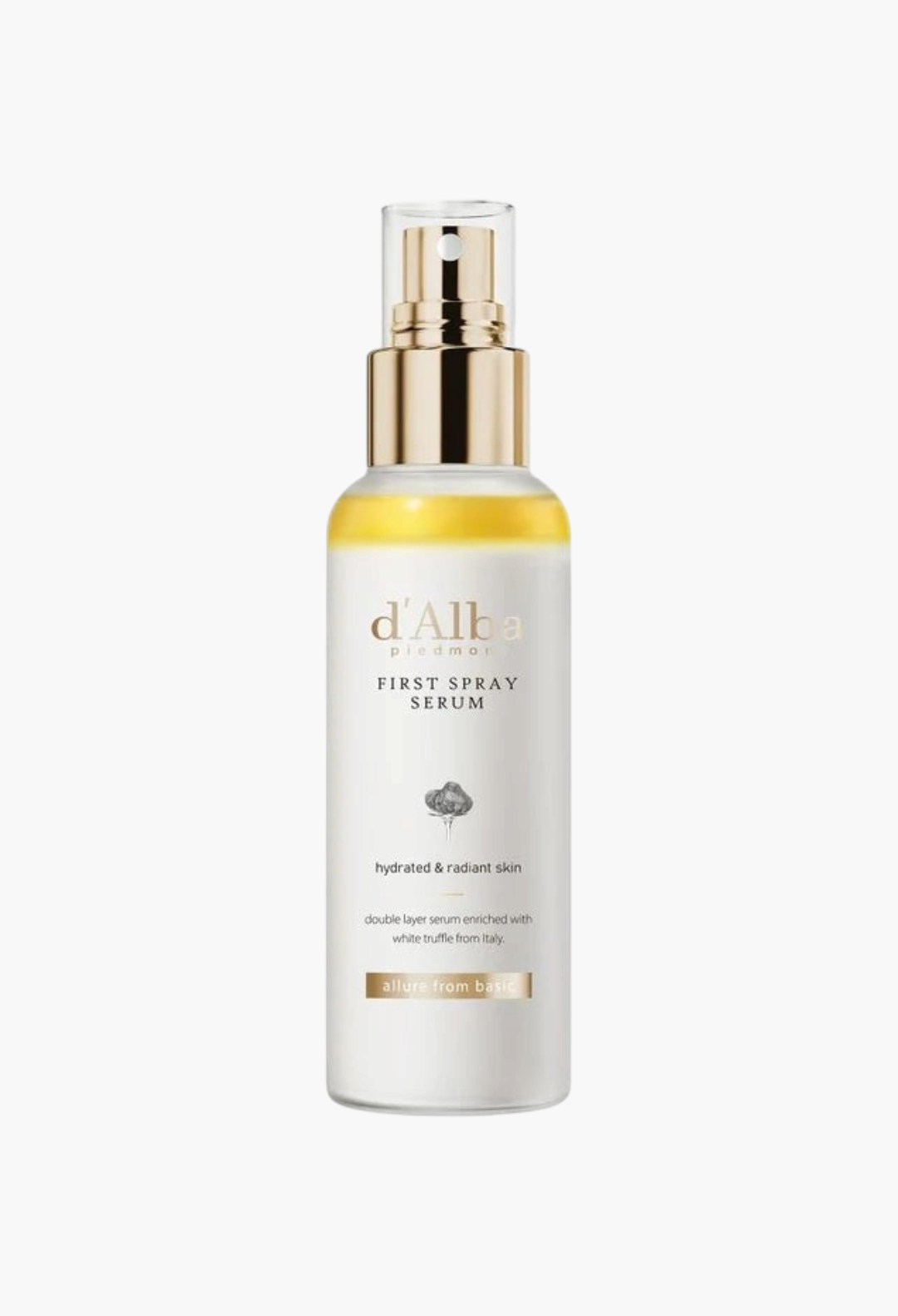 GLAM MODA d'Alba White Truffle First Spray Serum in a clear bottle with a gold pump, featuring a dual-layer formula.