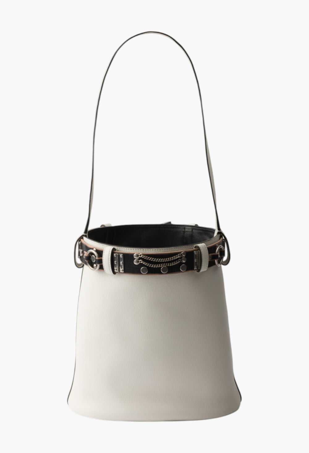 White/Black - Prada Buckle Leather Bucket Bag With Studded Belt - GLAM MODA