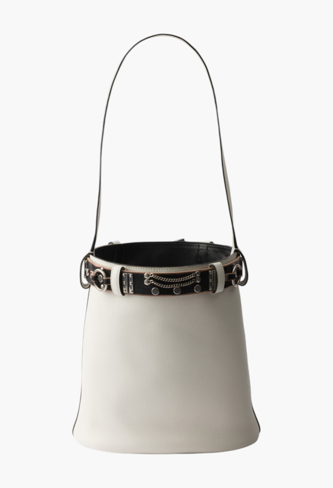 White/Black - Prada Buckle Leather Bucket Bag With Studded Belt - GLAM MODA