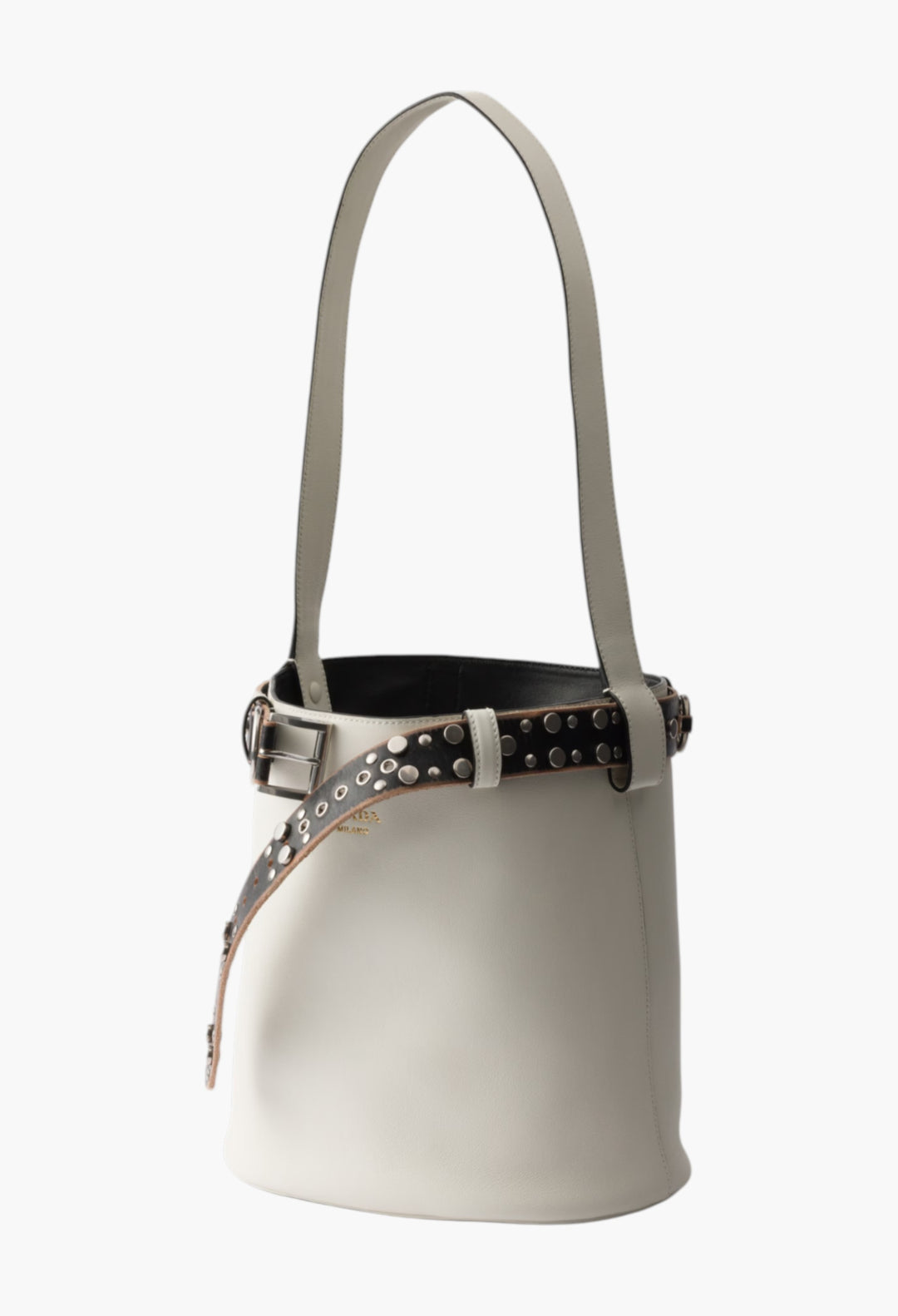 White/Black - Prada Buckle Leather Bucket Bag With Studded Belt - GLAM MODA