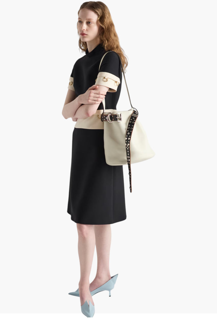 White/Black - Prada Buckle Leather Bucket Bag With Studded Belt - GLAM MODA