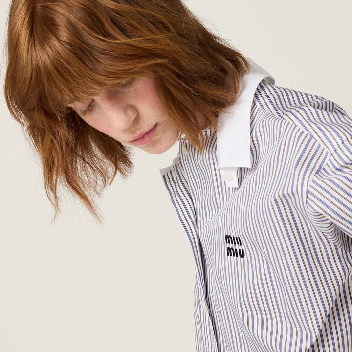 White/Cocoa Brown - Striped Poplin Shirt - GLAM MODA