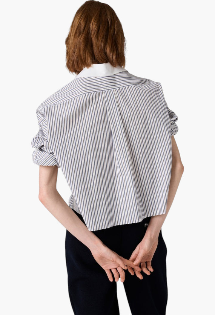 White/Cocoa Brown - Striped Poplin Shirt - GLAM MODA