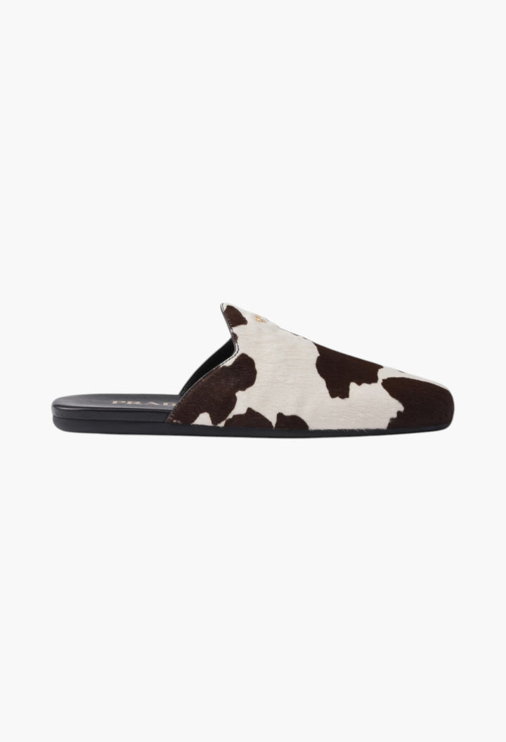 White / Dark Brown - Printed Leather Mules - GLAM MODA