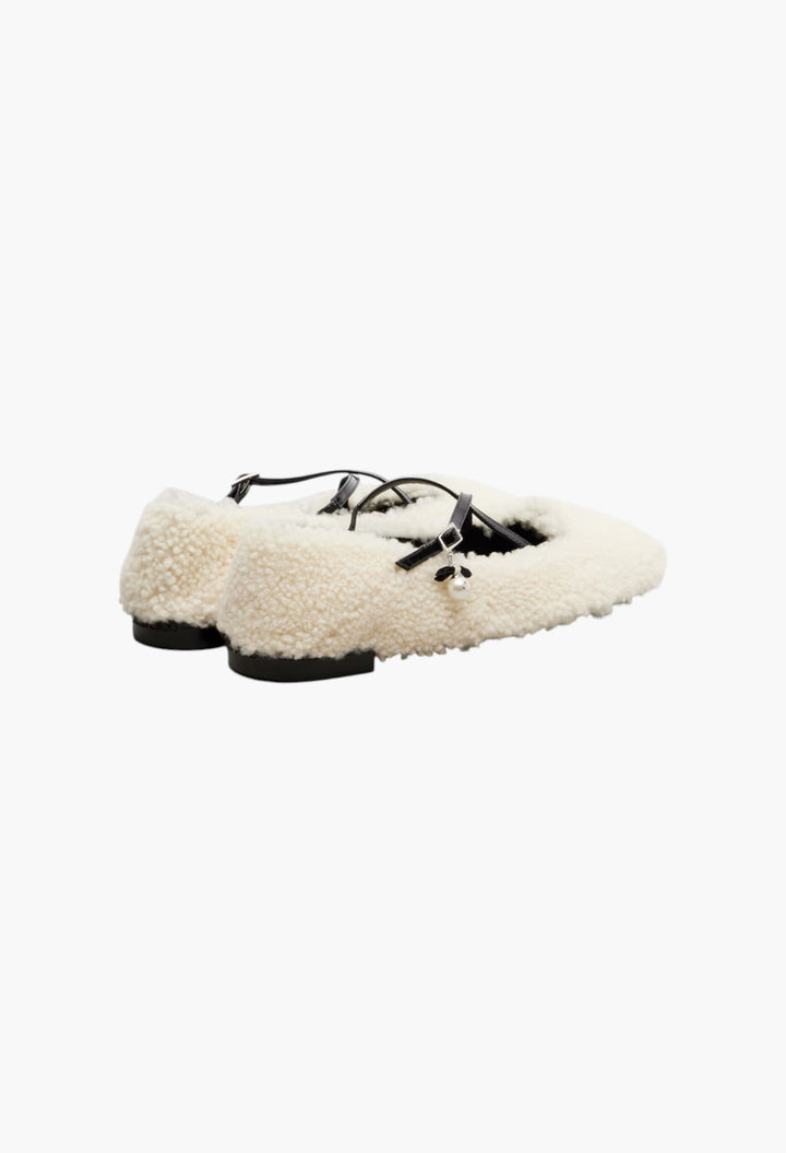 White - Eleri Shearling Ballet Flats - GLAM MODA