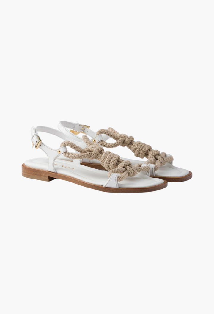 White - Flat Leather And Cord Sandals - GLAM MODA
