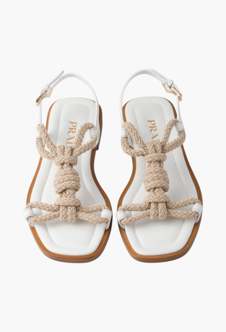 White - Flat Leather And Cord Sandals - GLAM MODA