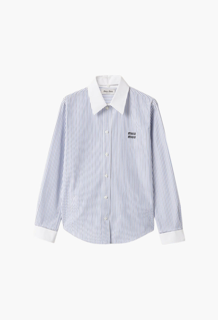 White/Light Blue - Striped Poplin Shirt - GLAM MODA