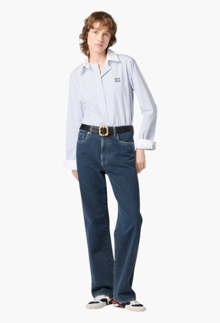 White/Light Blue - Striped Poplin Shirt - GLAM MODA