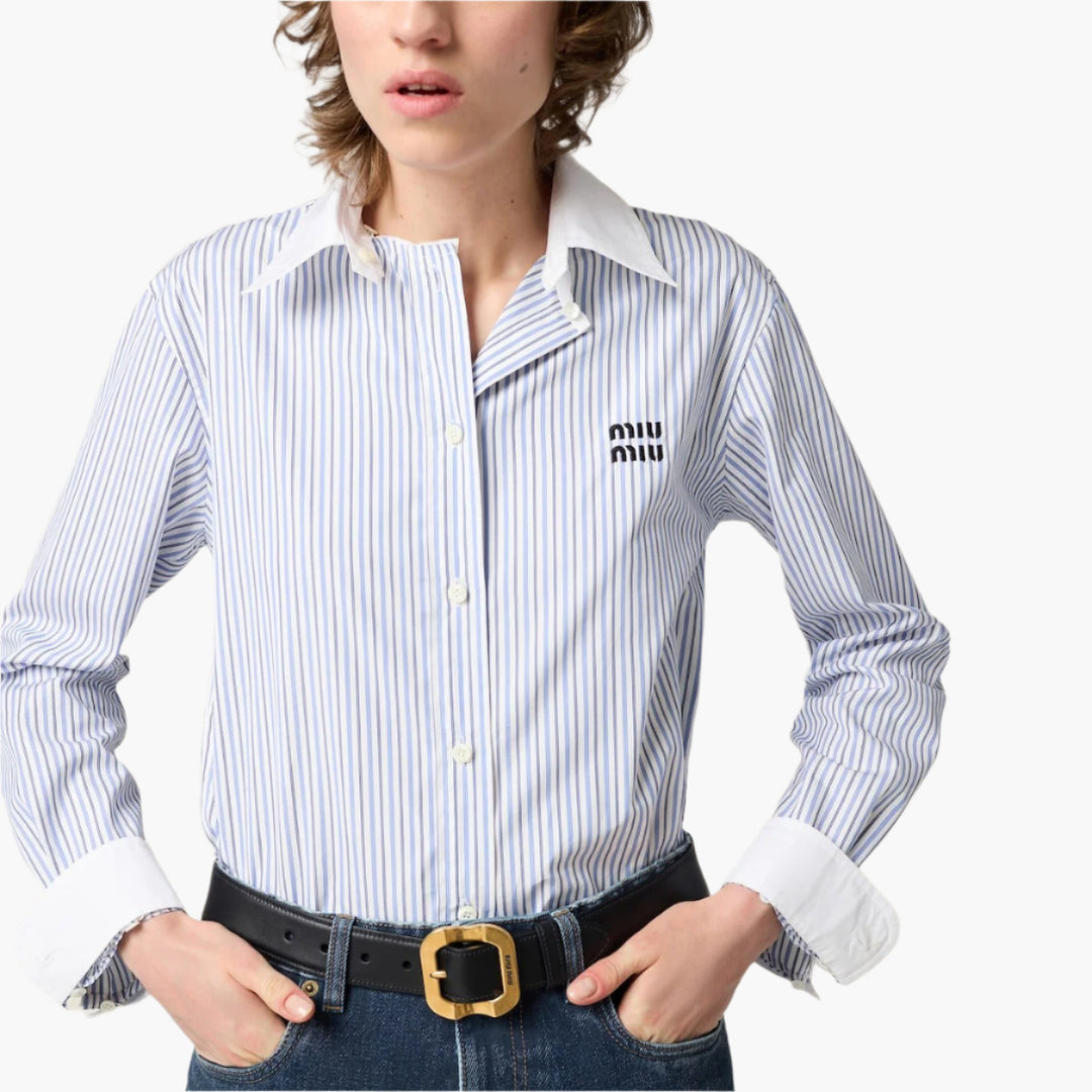 White/Light Blue - Striped Poplin Shirt - GLAM MODA