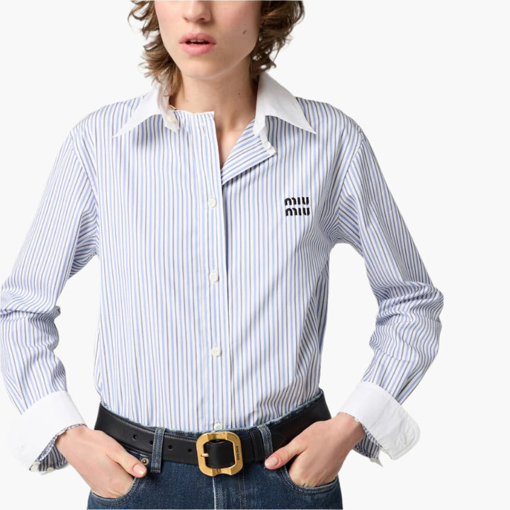 White/Light Blue - Striped Poplin Shirt - GLAM MODA