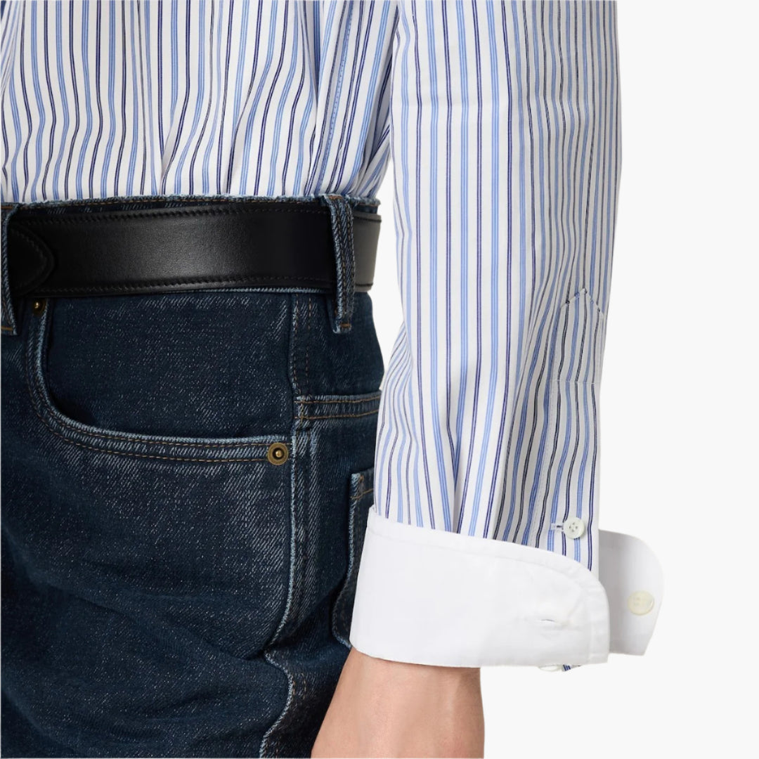 White/Light Blue - Striped Poplin Shirt - GLAM MODA