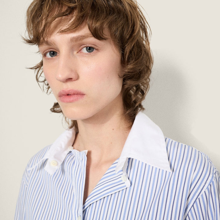 White/Light Blue - Striped Poplin Shirt - GLAM MODA